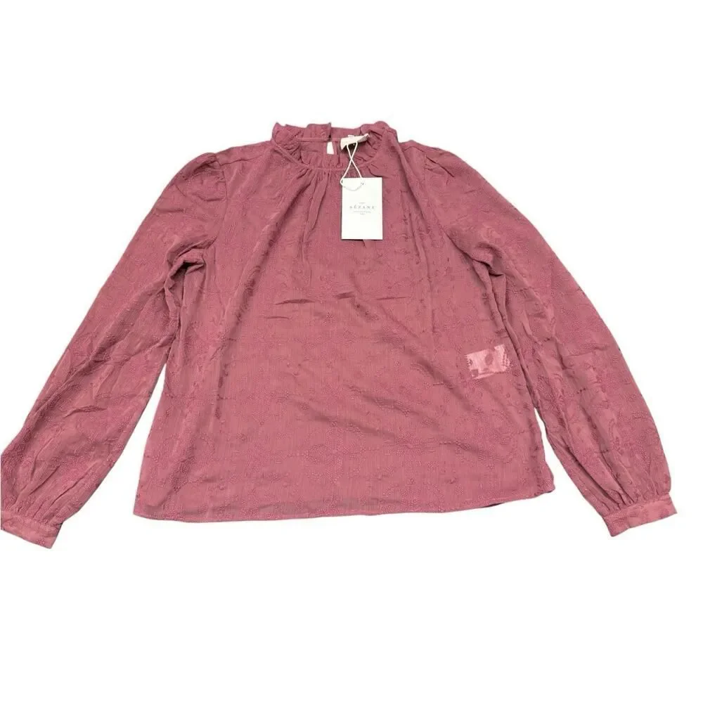 NWT Sezane Embroidered Cotton High Neck Blouse Berry Mauve US 4